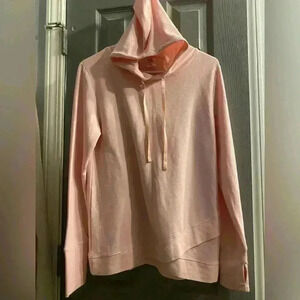 Women’s lightweight pink pullover hoodie thumb holes & a crossover at waist SM
